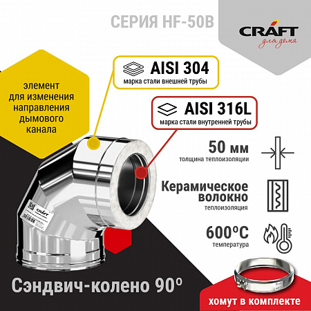 Craft HF-50B сэндвич-колено 90° (316/0,8/304/0,5) D115х200 Craft HF-50B сэндвич-колено 90° (316/0,8/304/0,5) D115х200
